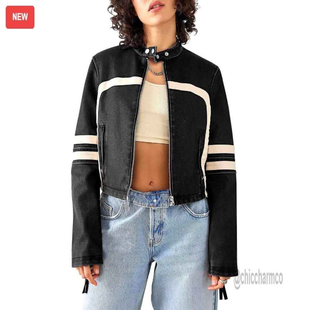 Faux Leather Cropped Moto Jacket with Zip Front and Stand Collar